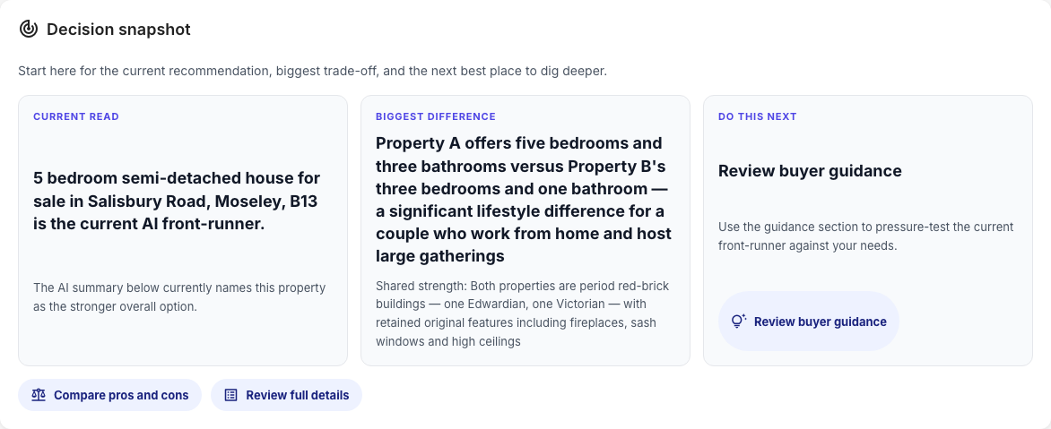 Comparison overview showing the decision snapshot